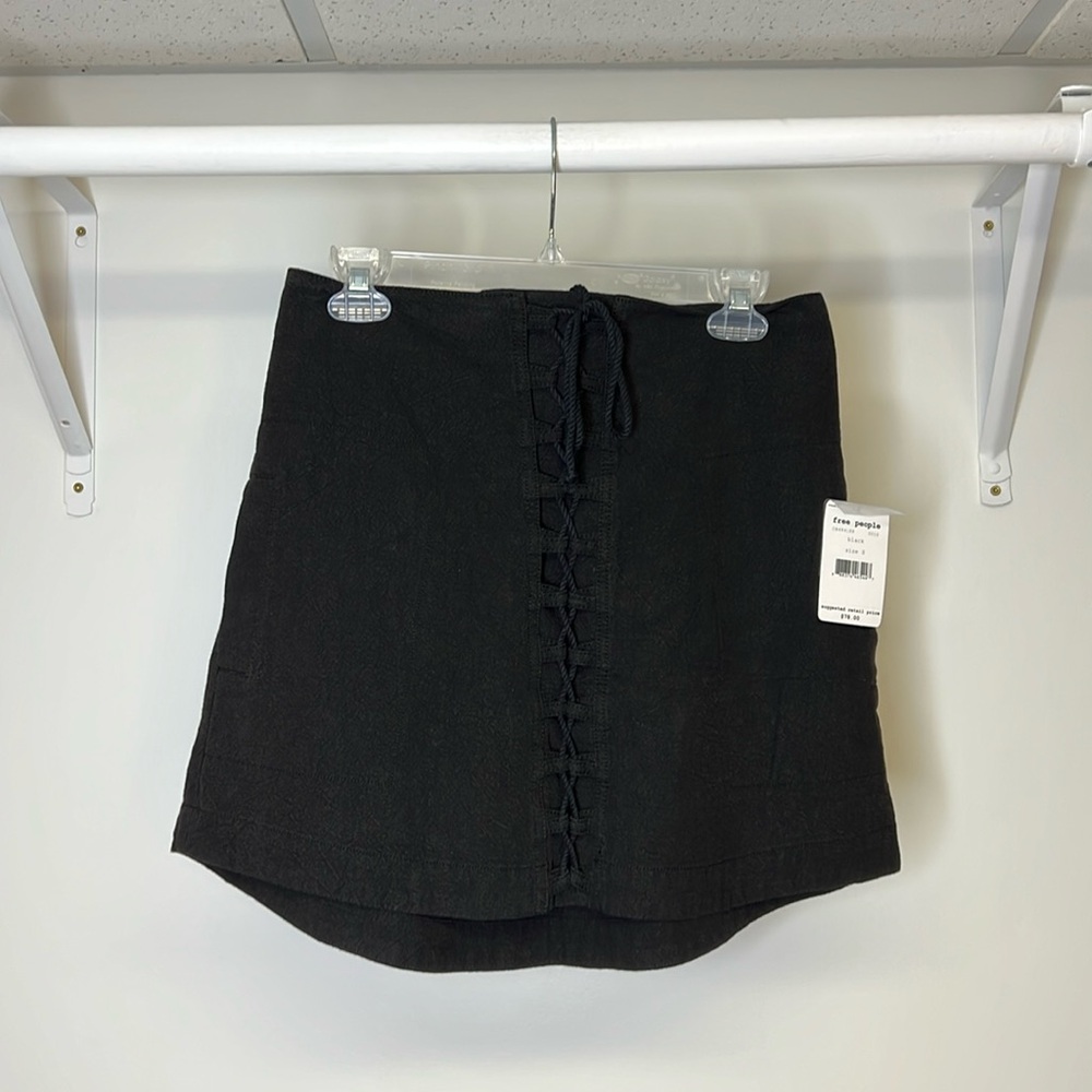 NWT Free People Black Lace Up Cotton Linen Blend Mini Skirt-‎ S